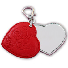 custom heart shape cosmetic pocket vanity mirror key ring with pu leather decorated for promotional gift